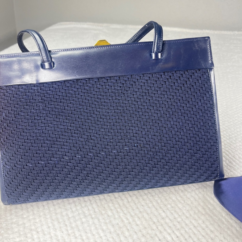 Vintage Mark Cross Handbag w/mirror and coin purse Blue Leather Woven Top Handle